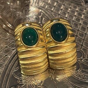 Vintage 80’s Estelle Gold Clip-On Earrings with Green Cabochon CZ Diamonds